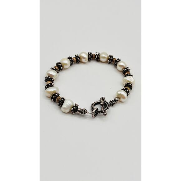 STERLING SILVER 10k GOLD BEAD FRESHWATER PEARL VINTAGE TOGGLE BRACELET TESTED - Picture 1 of 8